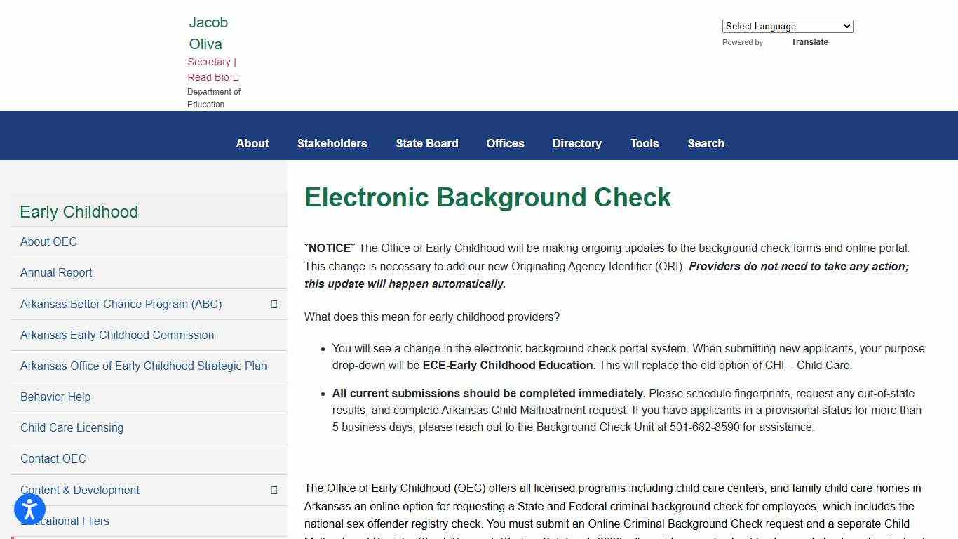 Division of Elementary and Secondary Education - Offices - Early Childhood - Electronic Background Check
